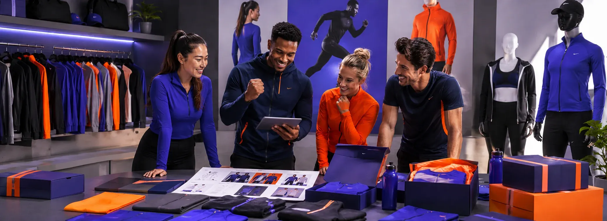 Sportswear brand launch conclusion with team reviewing final activewear collection.