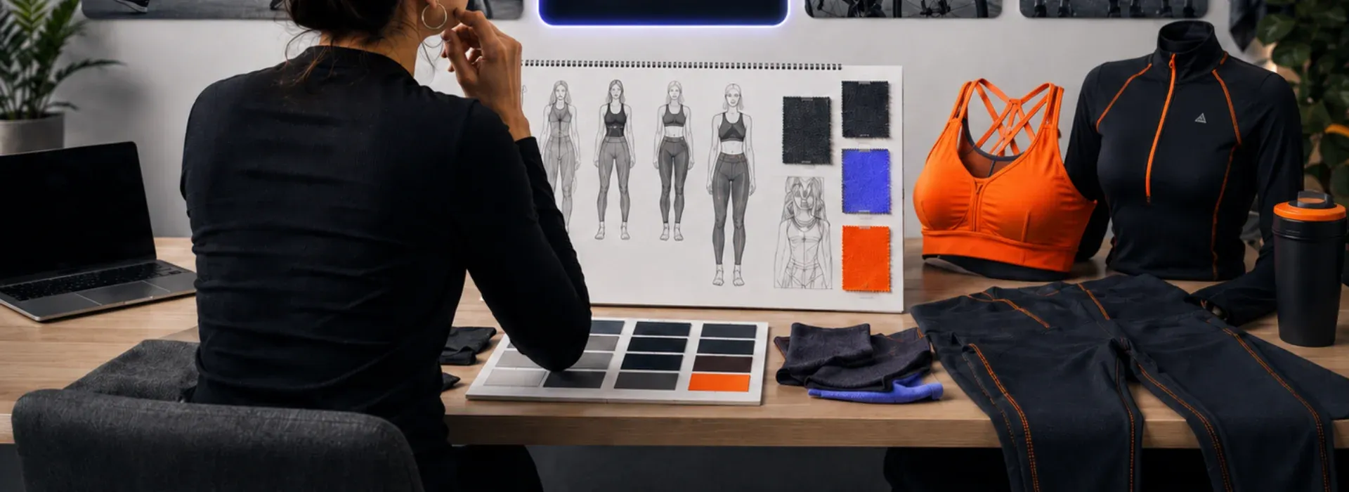 Sportswear niche planning with activewear sketches and fabric samples.