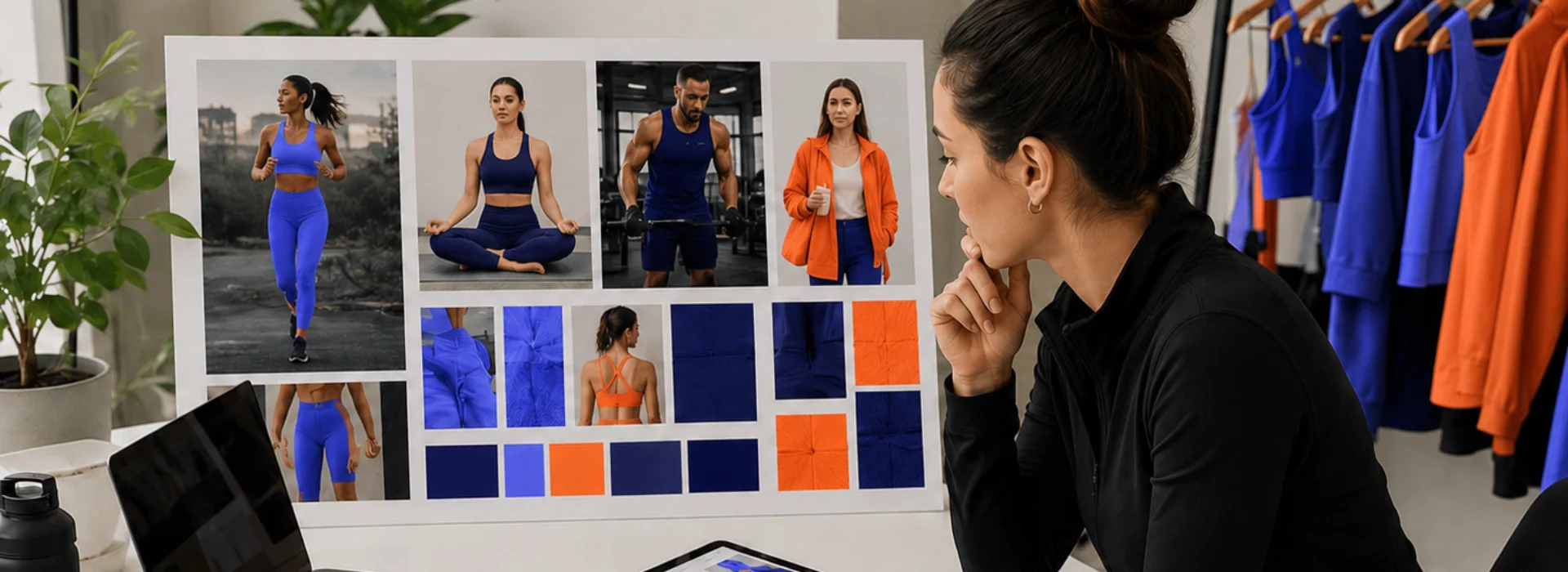 Activewear brand mood board and manufacturer selection planning.