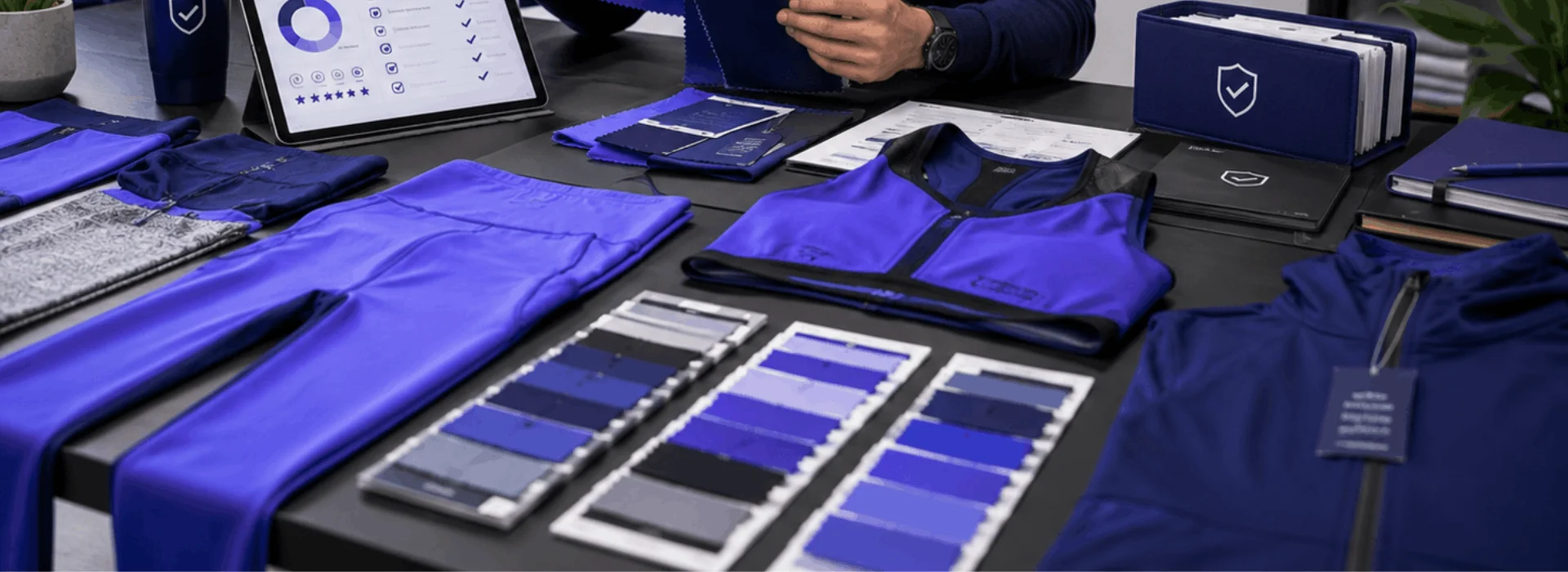 Sportswear fabric selection with performance apparel samples and material swatches.